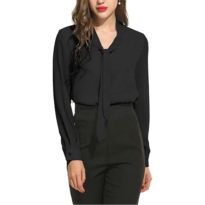 Women's Bow Tie Long Sleeve Casual Office Work Chiffon Blouses