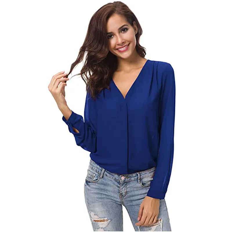 Women’s V-Neck Ruffled Shoulder Business Causal Chiffon Blouse