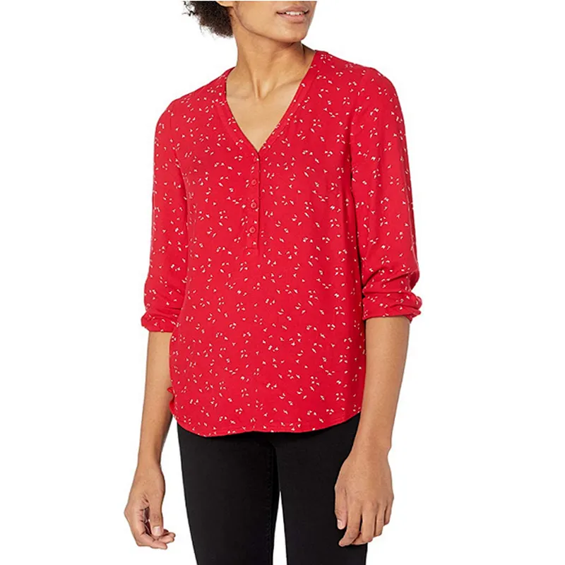 V-neck Button Printing Blouses Loose Summer Shirts