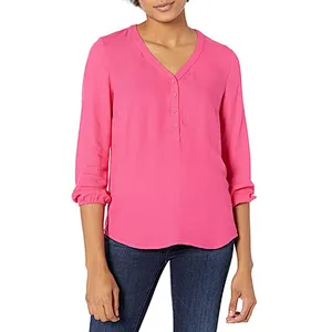 V-neck Button Printing Blouses Loose Summer Shirts