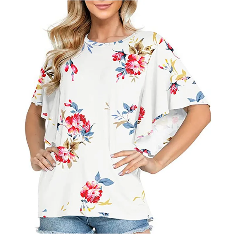 Women Summer Casual Short Sleeves Blouse Ruffle Short Sleeve T Shirt