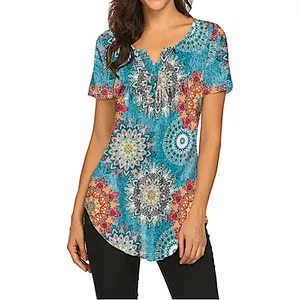 Women's Floral Printed Short Sleeve Henley V Neck T-Shirt