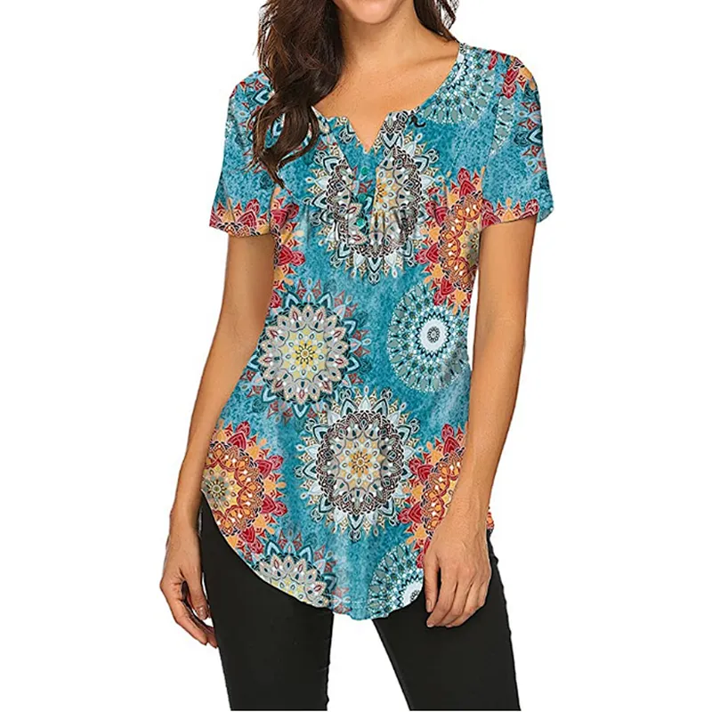 Women's Floral Printed Short Sleeve Henley V Neck T-Shirt