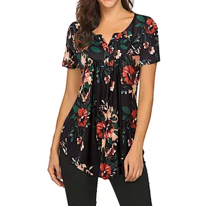Women's Floral Printed Short Sleeve Henley V Neck T-Shirt