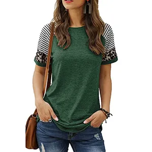 Womens T-Shirts Short Sleeve Striped Color Block Leopard Casual Tops