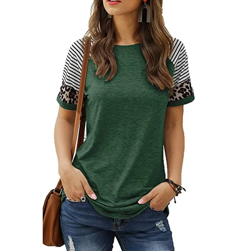 Womens T-Shirts Short Sleeve Striped Color Block Leopard Casual Tops