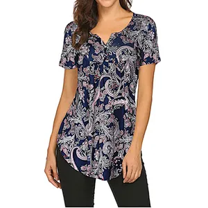Women's Floral Printed Short Sleeve Henley V Neck T-Shirt