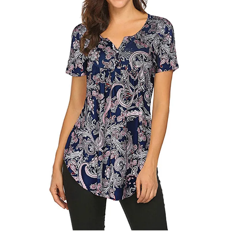 Women's Floral Printed Short Sleeve Henley V Neck T-Shirt