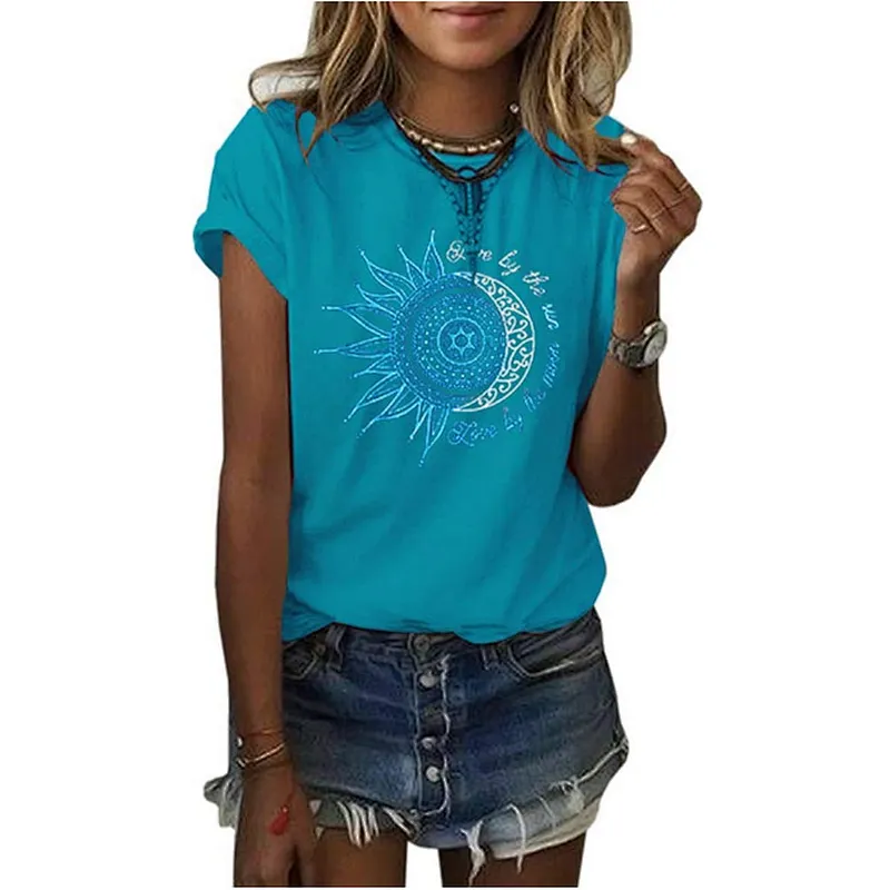 Women Printing Sun and Moon Pattern T-shirt Summer T-shirt
