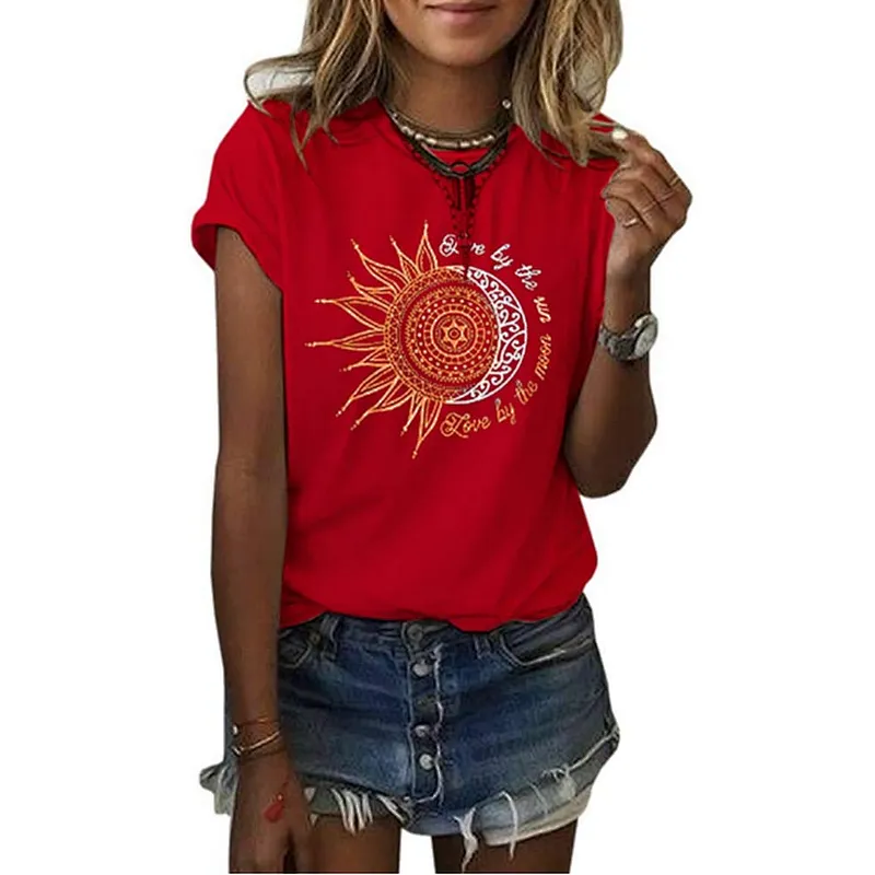 Women Printing Sun and Moon Pattern T-shirt Summer T-shirt