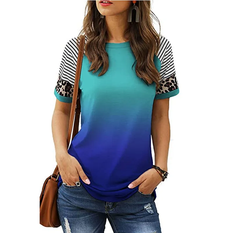 Womens T-Shirts Short Sleeve Striped Color Block Leopard Casual Tops