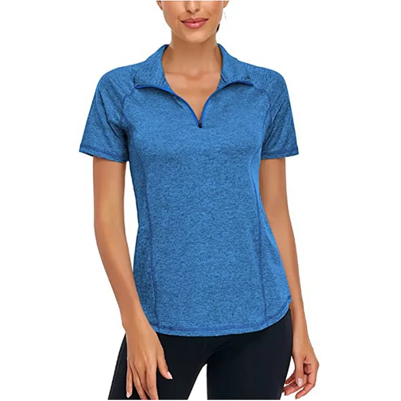 Women's Short Sleeve Zip Pullover Rich Color Sport T-Shirt