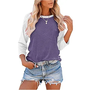 Women's Casual T-Shirts 3/4 Sleeve Color Block Shirts
