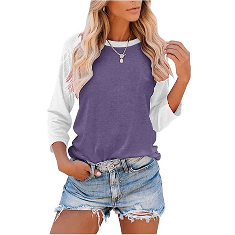 Women's Casual T-Shirts 3/4 Sleeve Color Block Shirts