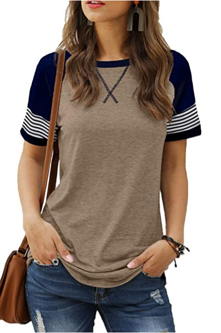 Womens T-Shirts Short Sleeve Striped Color Block Leopard Casual Tops