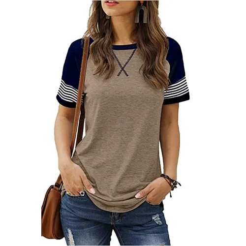 Womens T-Shirts Short Sleeve Striped Color Block Leopard Casual Tops