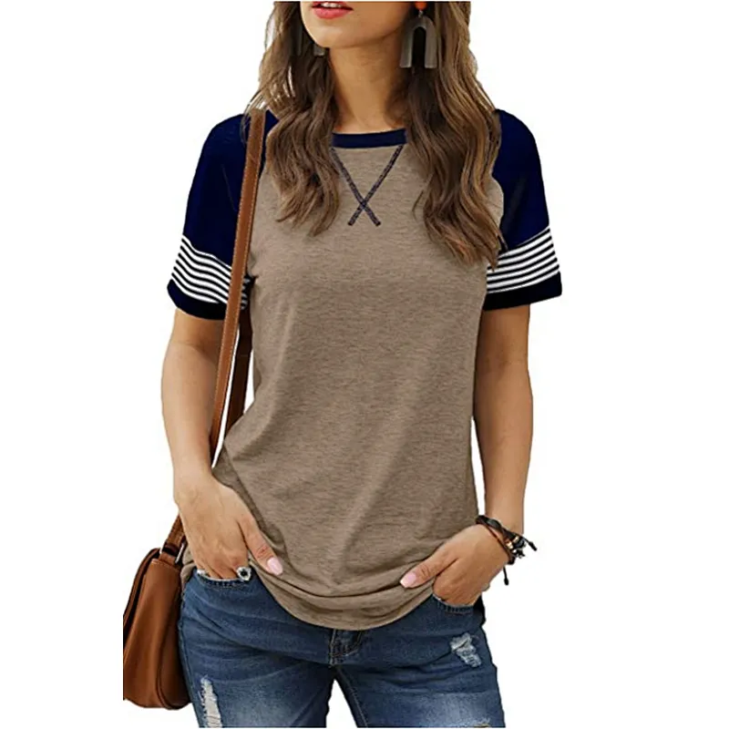 Womens T-Shirts Short Sleeve Striped Color Block Leopard Casual Tops