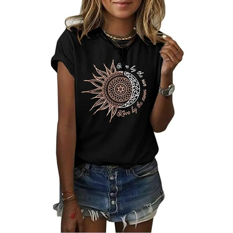 Women Printing Sun and Moon Pattern T-shirt Summer T-shirt
