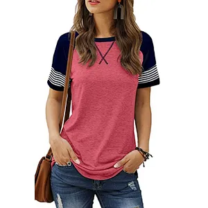 Womens T-Shirts Short Sleeve Striped Color Block Leopard Casual Tops