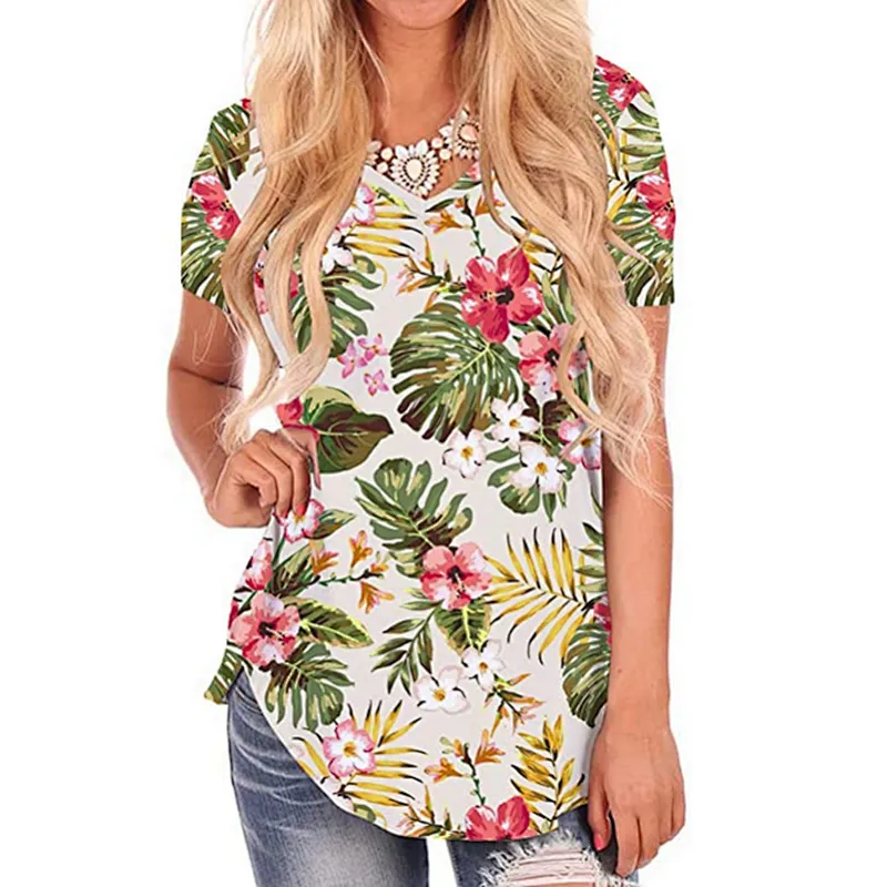 Women's Short Sleeve Loose Casual V-Neck Floral T-Shirt Tops