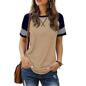 Womens T-Shirts Short Sleeve Striped Color Block Leopard Casual Tops