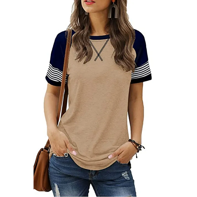 Womens T-Shirts Short Sleeve Striped Color Block Leopard Casual Tops