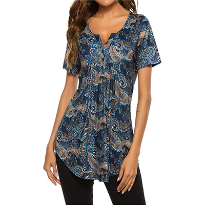 Women's Floral Printed Short Sleeve Henley V Neck T-Shirt