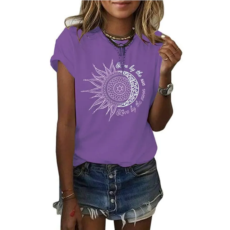 Women Printing Sun and Moon Pattern T-shirt Summer T-shirt