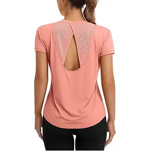 Women Fitted Mesh Cutout Back Running Yoga T-Shirts