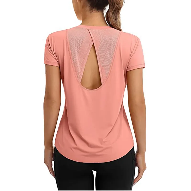 Women Fitted Mesh Cutout Back Running Yoga T-Shirts