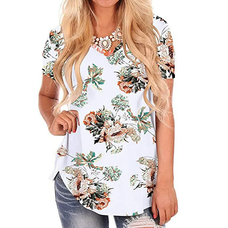 Women's Short Sleeve Loose Casual V-Neck Floral T-Shirt Tops
