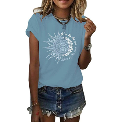 Women Printing Sun and Moon Pattern T-shirt Summer T-shirt
