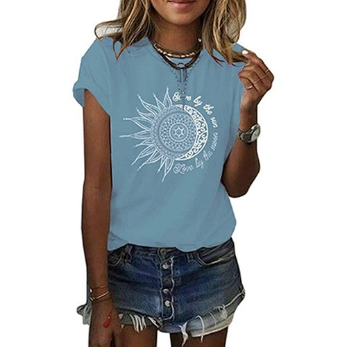 Women Printing Sun and Moon Pattern T-shirt Summer T-shirt