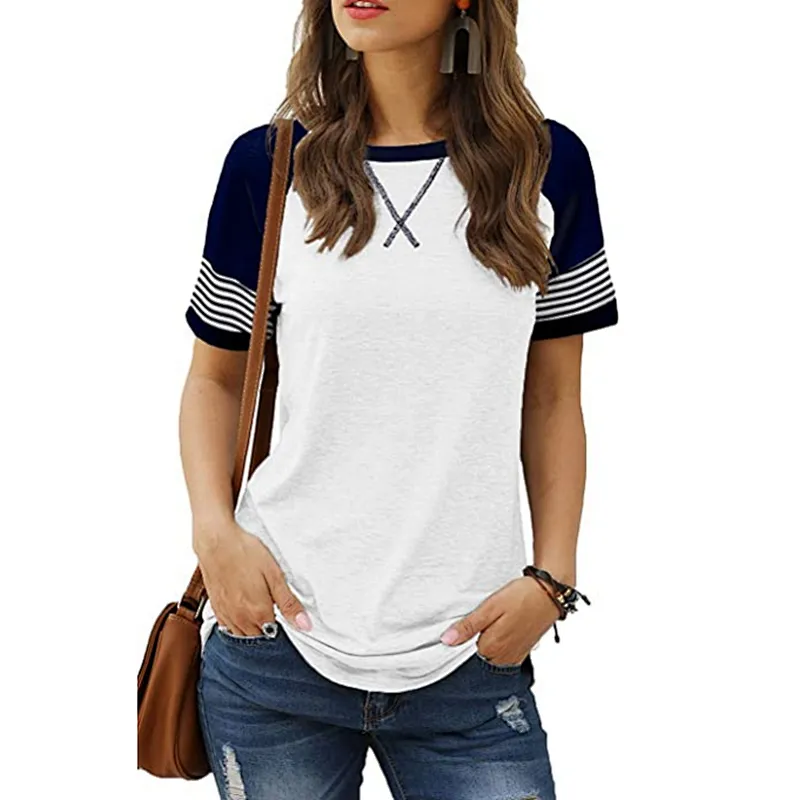Womens T-Shirts Short Sleeve Striped Color Block Leopard Casual Tops