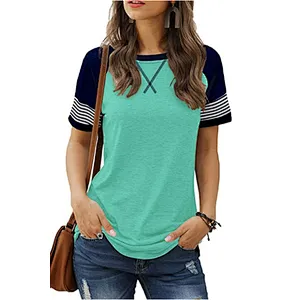 Womens T-Shirts Short Sleeve Striped Color Block Leopard Casual Tops
