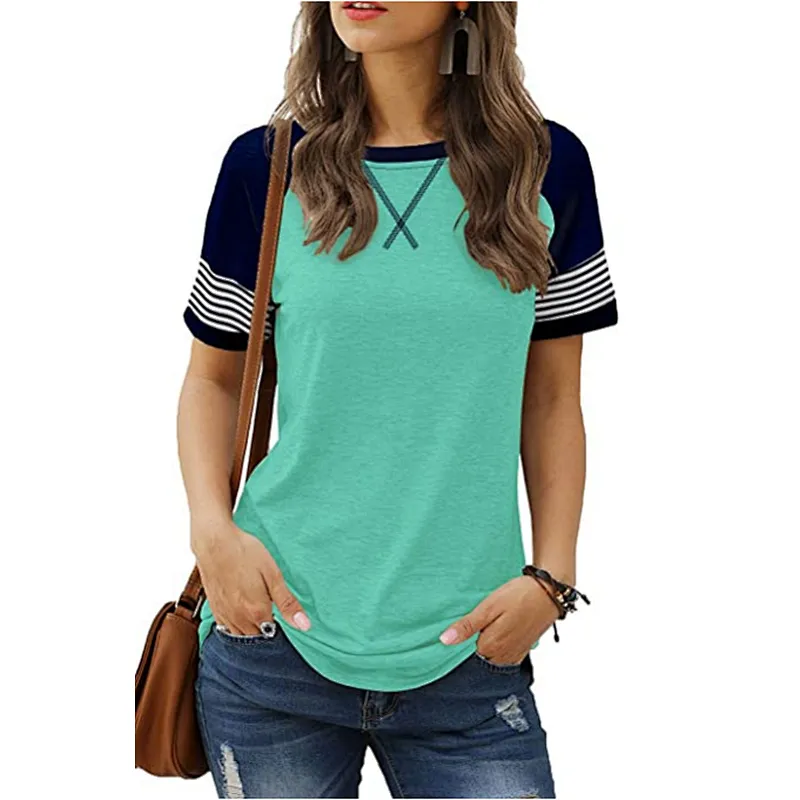 Womens T-Shirts Short Sleeve Striped Color Block Leopard Casual Tops