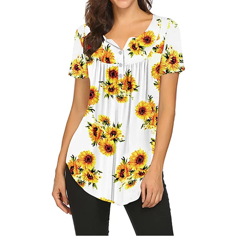 Women's Floral Printed Short Sleeve Henley V Neck T-Shirt