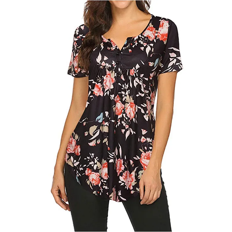 Women's Floral Printed Short Sleeve Henley V Neck T-Shirt