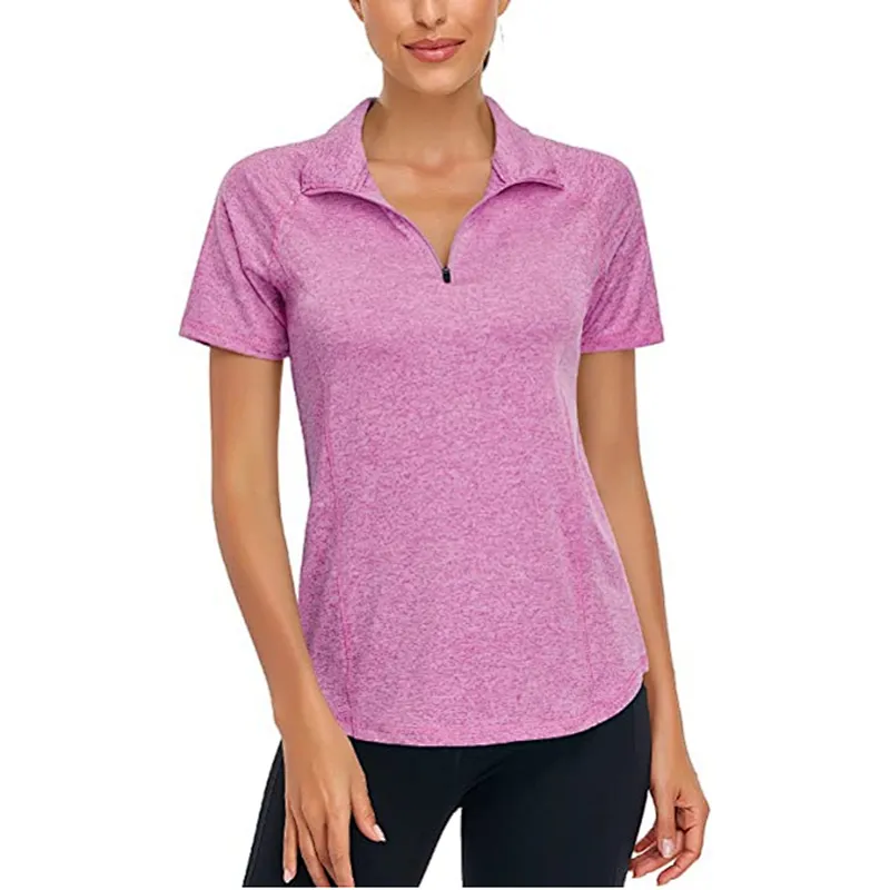 Women's Short Sleeve Zip Pullover Rich Color Sport T-Shirt