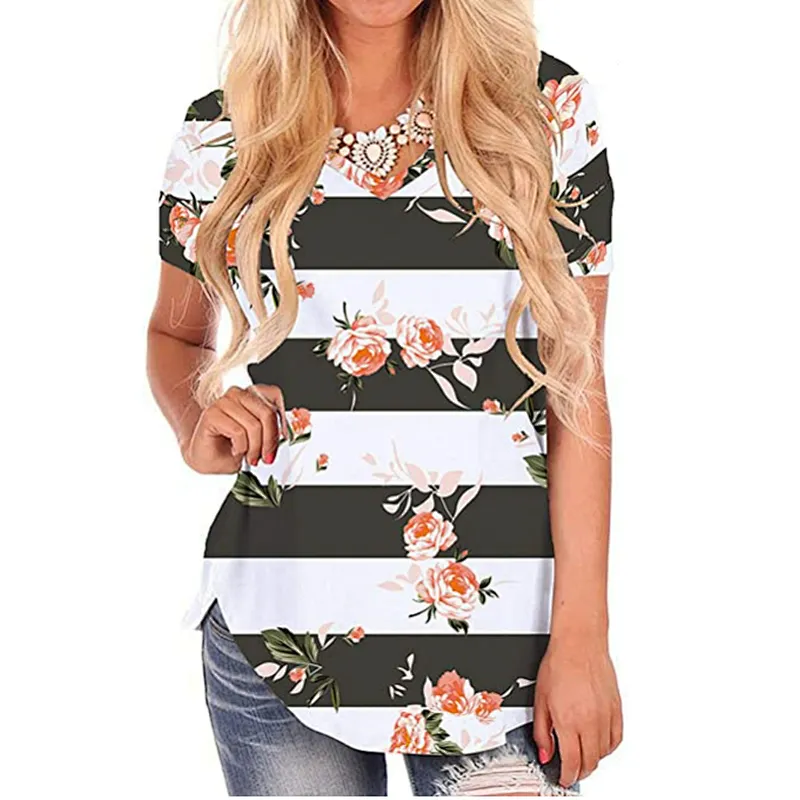 Women's Short Sleeve Loose Casual V-Neck Floral T-Shirt Tops