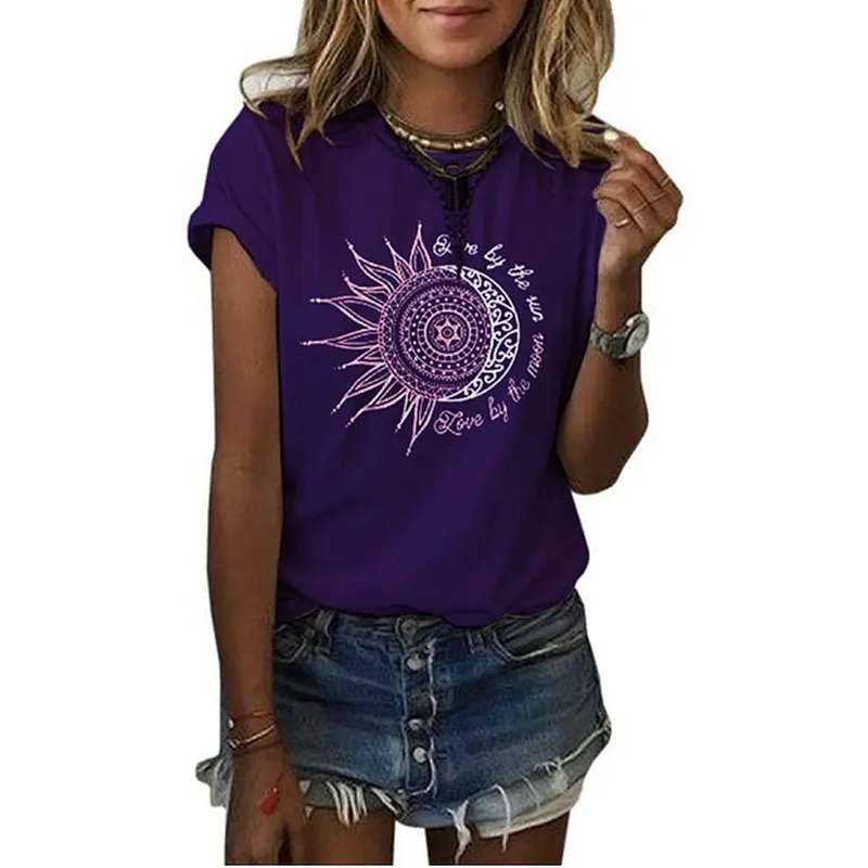 Women Printing Sun and Moon Pattern T-shirt Summer T-shirt