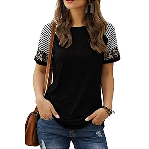 Womens T-Shirts Short Sleeve Striped Color Block Leopard Casual Tops