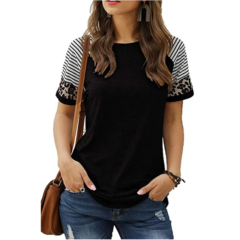 Womens T-Shirts Short Sleeve Striped Color Block Leopard Casual Tops