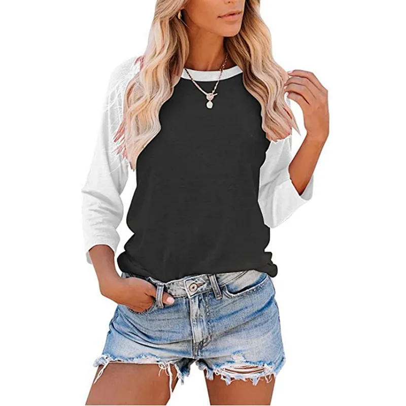 Women's Casual T-Shirts 3/4 Sleeve Color Block Shirts
