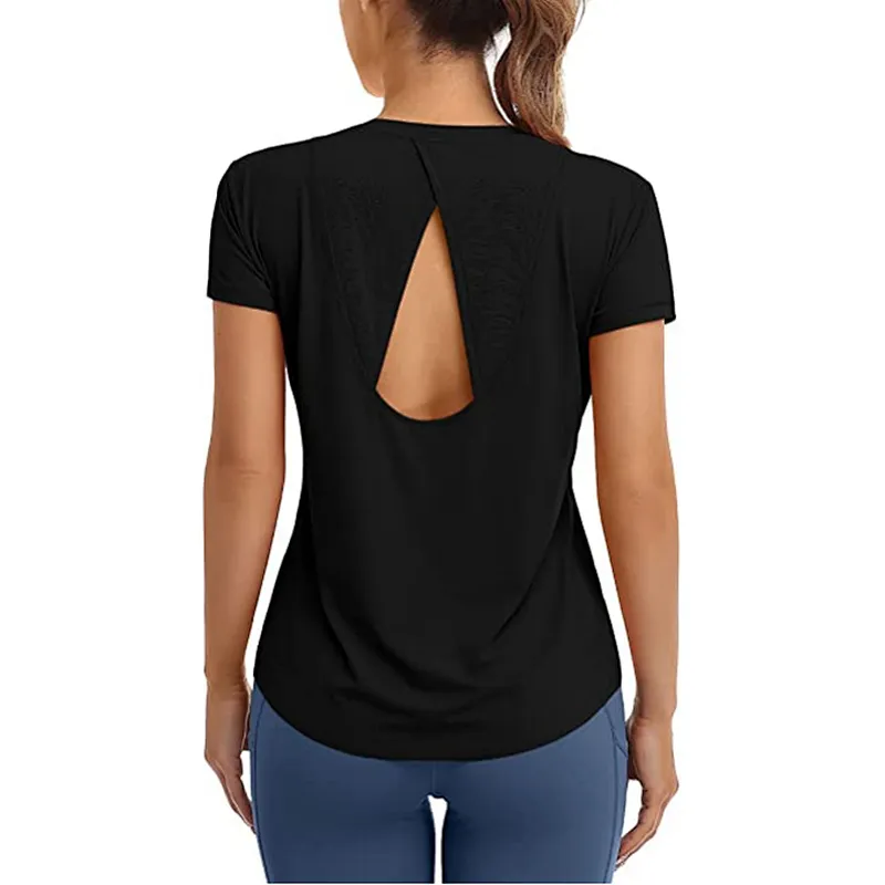 Women Fitted Mesh Cutout Back Running Yoga T-Shirts