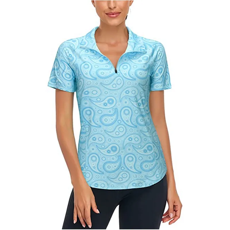 Women's Short Sleeve Zip Pullover Rich Color Sport T-Shirt