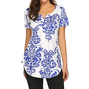 Women's Floral Printed Short Sleeve Henley V Neck T-Shirt
