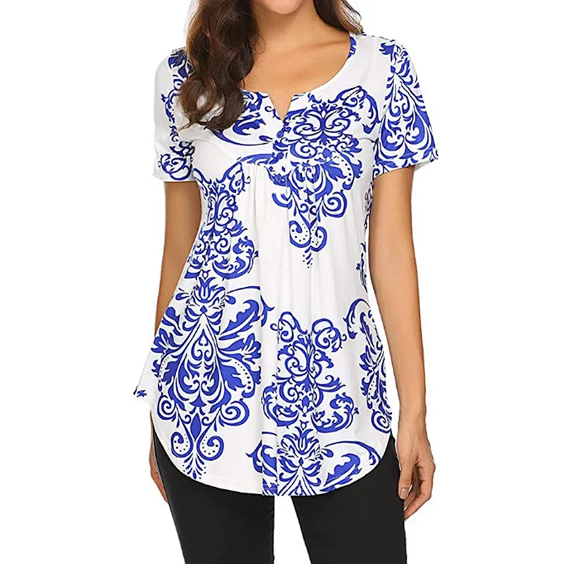 Women's Floral Printed Short Sleeve Henley V Neck T-Shirt
