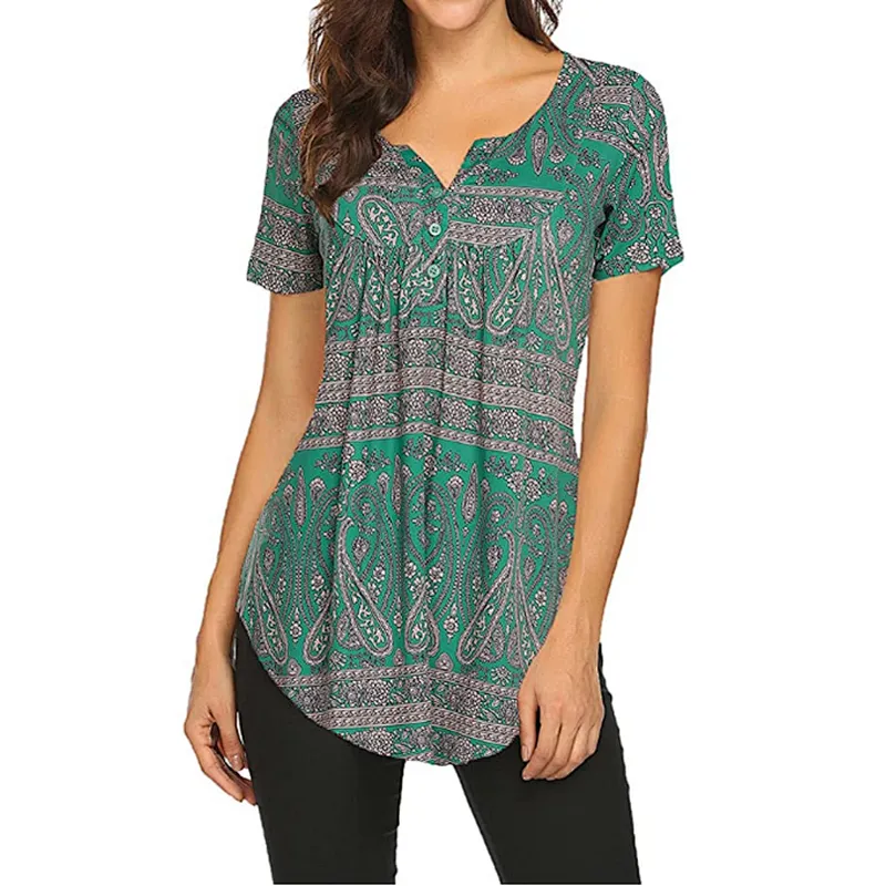 Women's Floral Printed Short Sleeve Henley V Neck T-Shirt