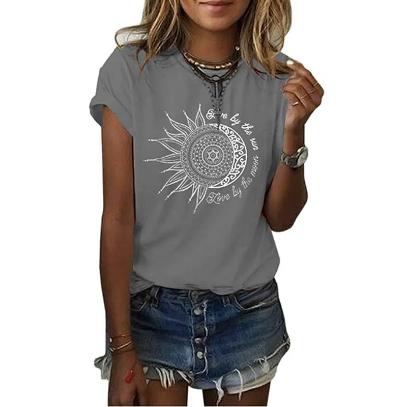 Women Printing Sun and Moon Pattern T-shirt Summer T-shirt